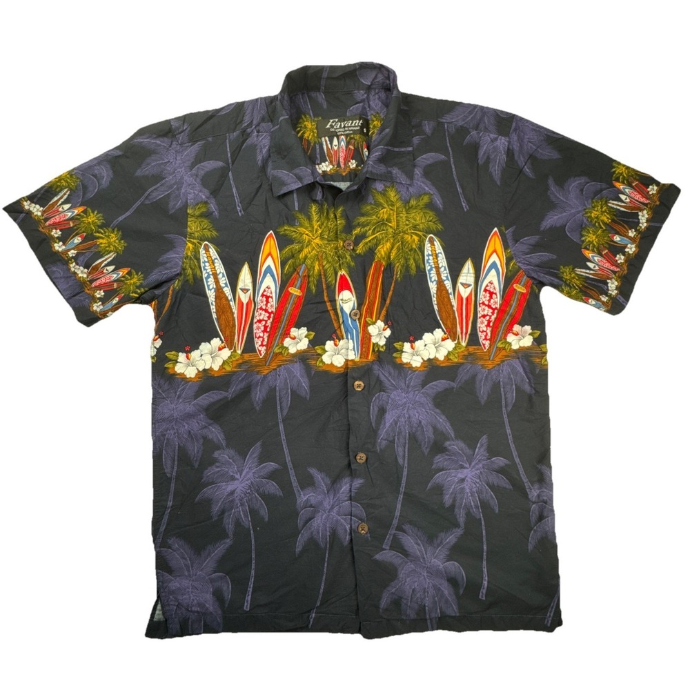 Favant Hawaiian Shirt Surfboard Palm Tree Print Cotton Size S Navy Blue